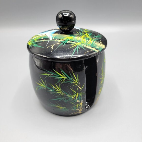 Vintage Asian Crane Bird and Bamboo Pattern Lacquered Coasters Set with Base - Picture 10 of 10